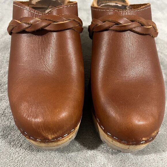 MIA Elsa Clogs 8.5 / 39 Brown Leather Braid Platform Made In Sweden Tan Chunky - Picture 9 of 11